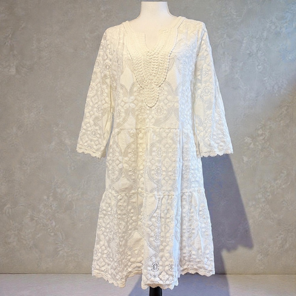 HALLHUBER White Lace Tiered sz XL Midi Dress Cotton Blend 3/4 Sleeve‎